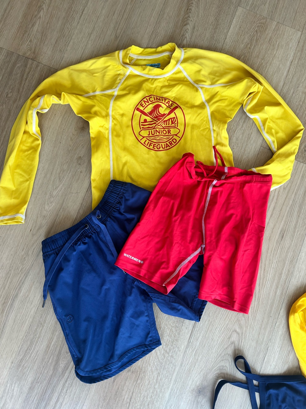 Junior Lifeguard Yellow Rash Guard Set with Red and Navy Swim Shorts